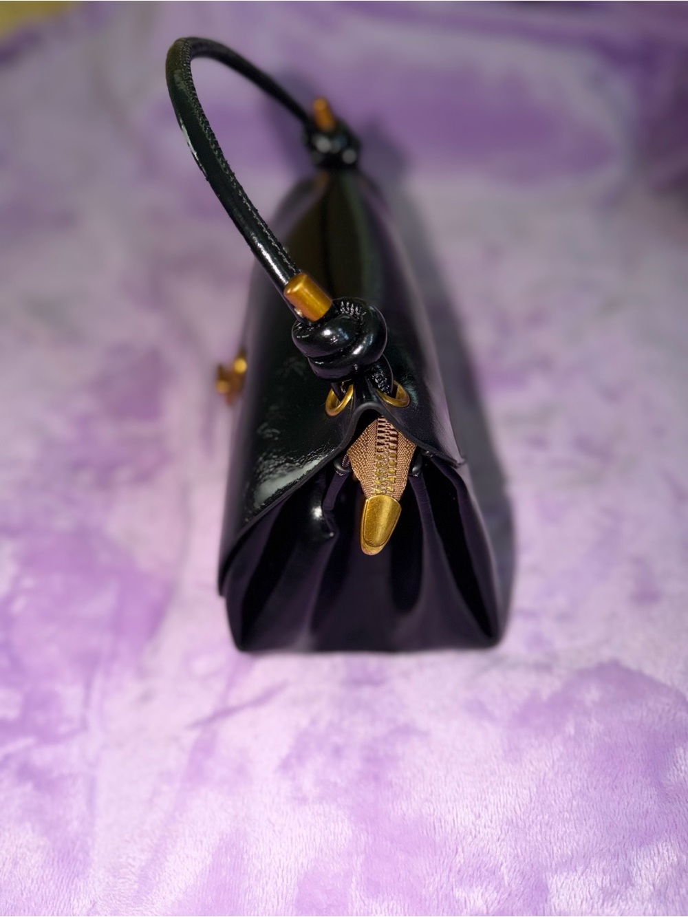 Black Leather Top-Handle Shoulder Bag with Gold Accents - Picture 4 of 4